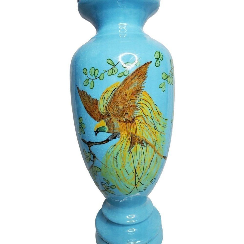 Vintage Glazed Pottery Lamp Handpainted Bird Art Pottery Lamp Bold Blue